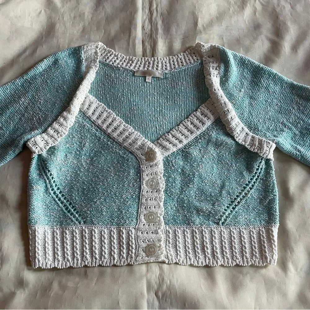 LoveShackFancy- Cotton Candy Geneve Crop Knit Sweater Cardigan Baby Blue Size XL